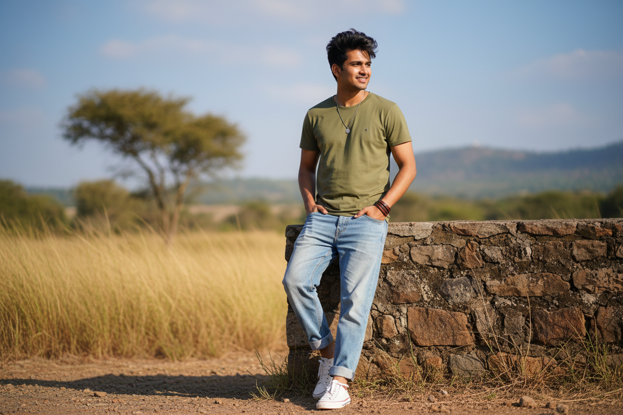 need a image indian man wearing solid colour t shirt 